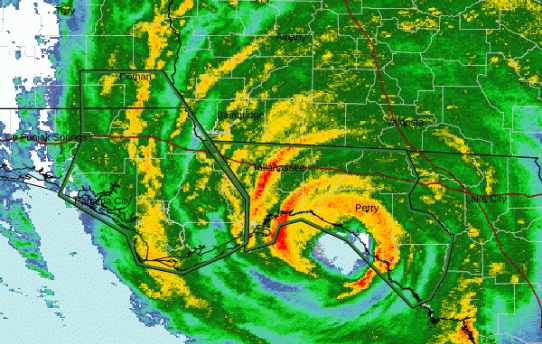 Hurricane Helene at landfall as seen on the KTLH radar loop from 0252Z to 0308Z. National Weather Service Tallahassee, Florida, Federal Aviation Administration, and United States Air Force.